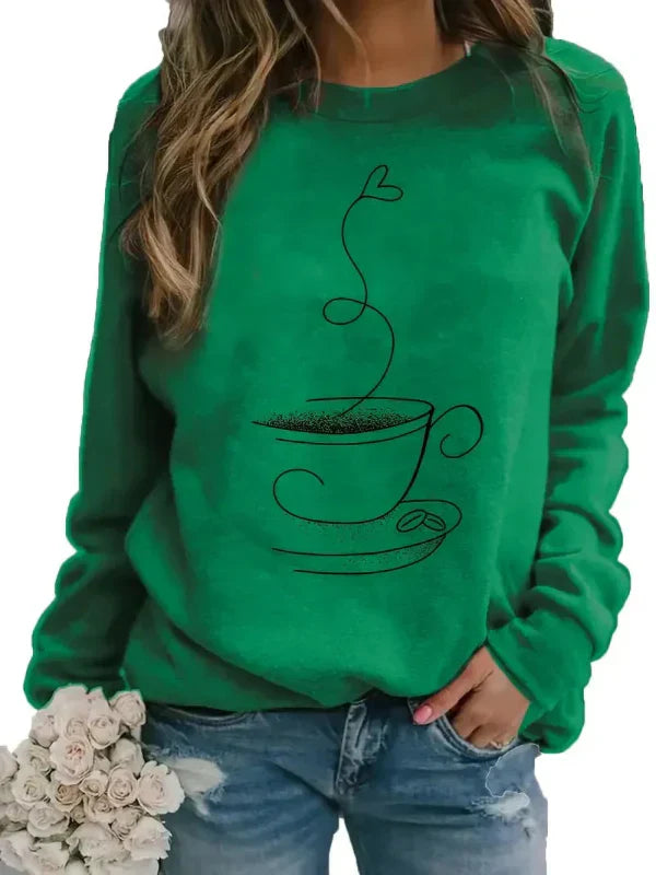 Women’s Sweatshirt – Relaxed Fit – Cotton Blend – Crew Neck – Coffee Cup Graphic Print