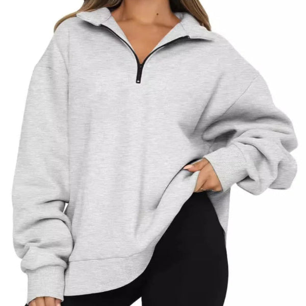 Women’s Sweatshirt – Oversized Fit – Cotton Feel – High Collar – Short Zip – Casual Wear