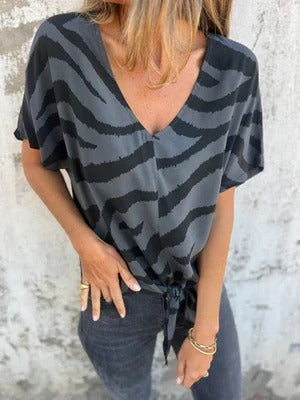 Women’s Blouse – Relaxed Fit – V-Neckline – Tie Front – Short Sleeve