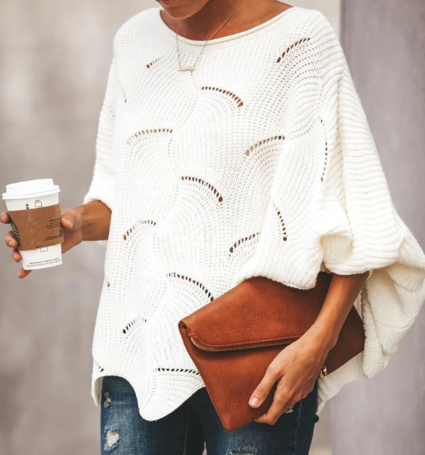 Women’s Sweater – Relaxed Fit Wool Blend – Batwing Sleeves – Scalloped Hem – Open Knit