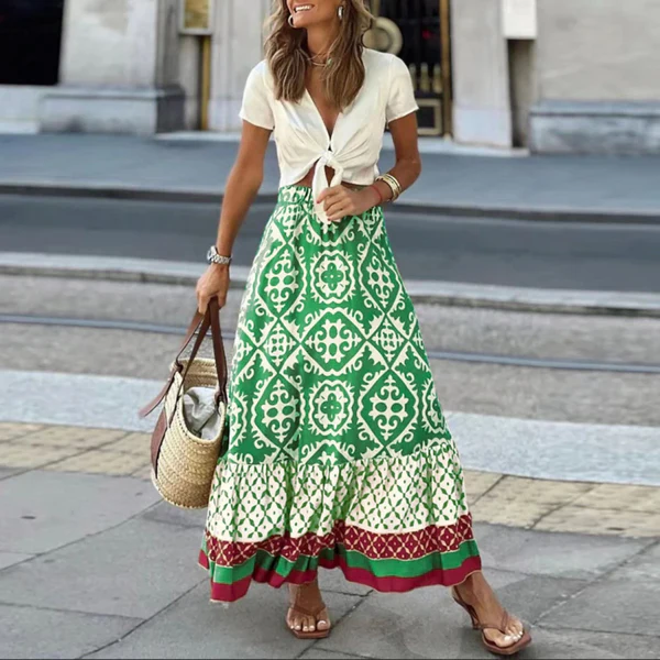 Women’s Maxi Skirt – High Waisted – Tiered Boho Fit – Geometric Print – Lightweight