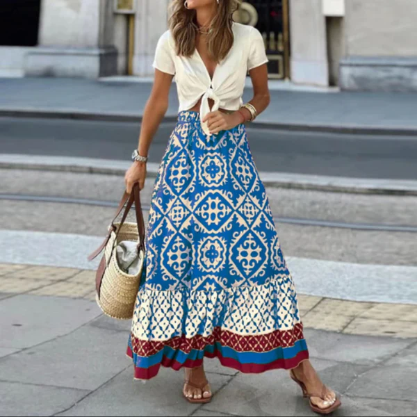 Women’s Maxi Skirt – High Waisted – Tiered Boho Fit – Geometric Print – Lightweight