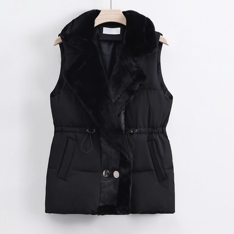 Women’s Vest - Quilted - Faux Fur Shawl Collar - Adjustable Drawstring Waist