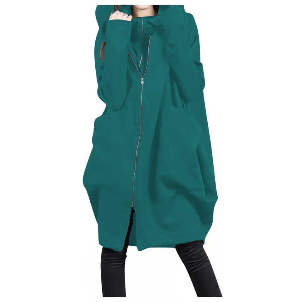 Women’s Mid-Length Coat – Oversized Fit – Wool Blend – Hooded – Zipper Front – Pockets