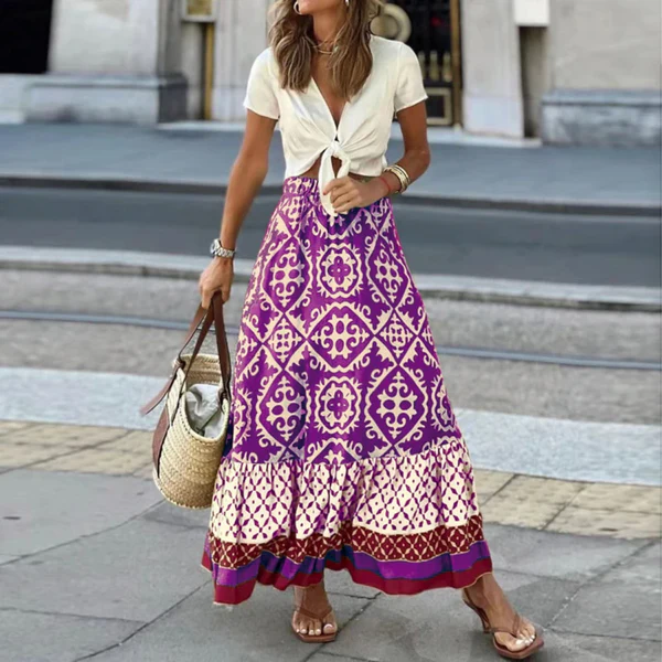 Women’s Maxi Skirt – High Waisted – Tiered Boho Fit – Geometric Print – Lightweight