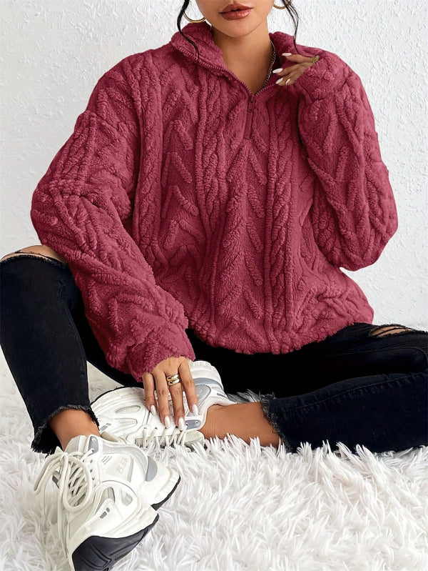Women’s Pullover Top – Faux Shearling Fleece – Relaxed Fit – Half Zip Cable Knit