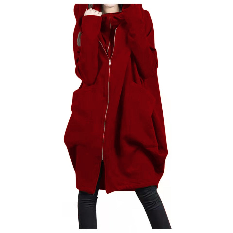 Women’s Mid-Length Coat – Oversized Fit – Wool Blend – Hooded – Zipper Front – Pockets