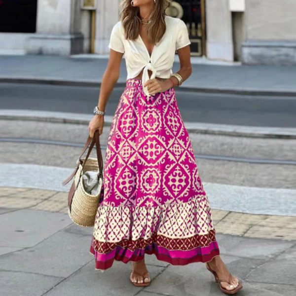 Women’s Maxi Skirt – High Waisted – Tiered Boho Fit – Geometric Print – Lightweight