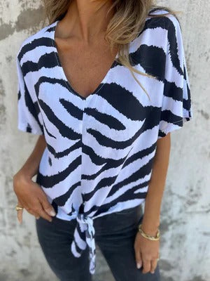 Women’s Blouse – Relaxed Fit – V-Neckline – Tie Front – Short Sleeve