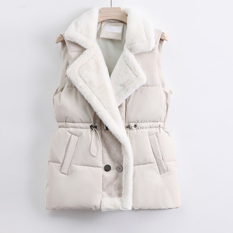Women’s Vest - Quilted - Faux Fur Shawl Collar - Adjustable Drawstring Waist