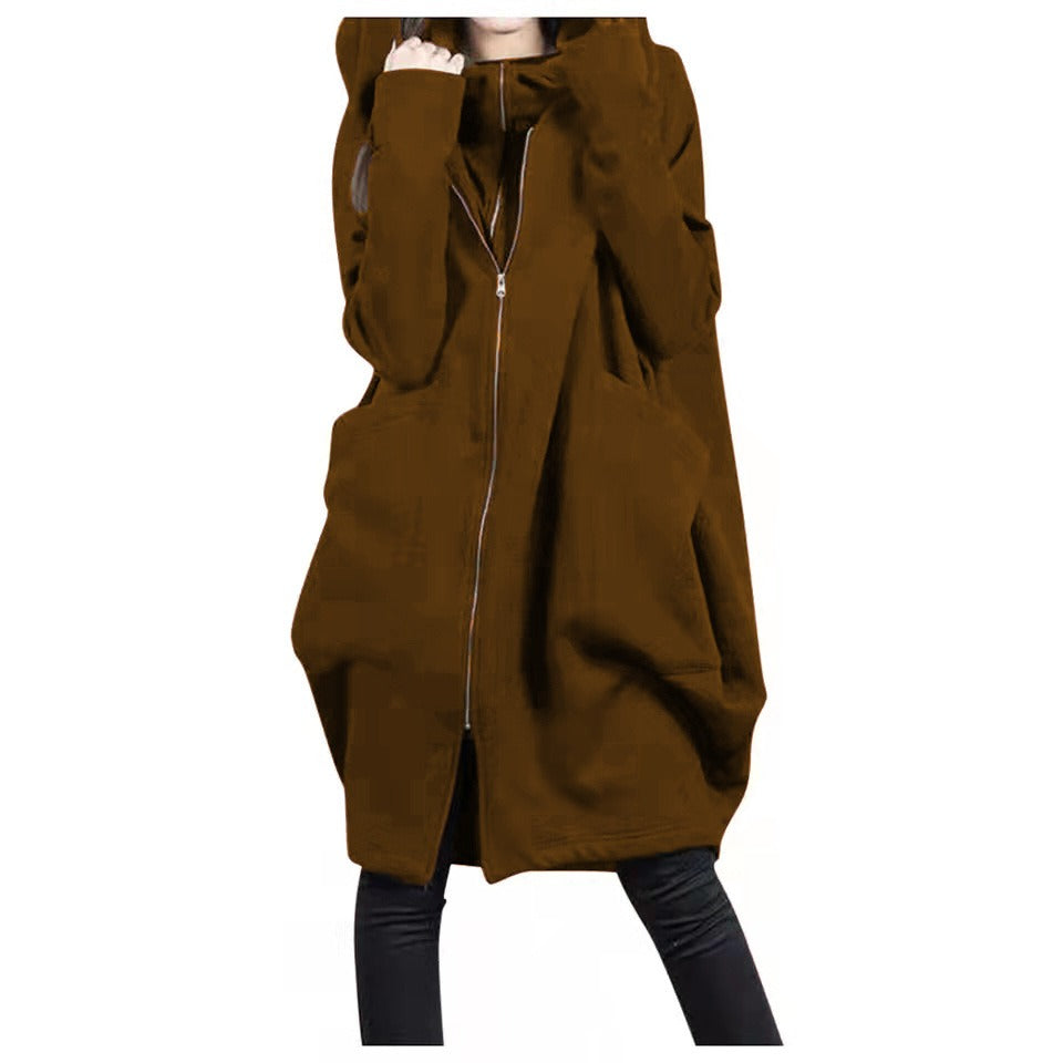 Women’s Mid-Length Coat – Oversized Fit – Wool Blend – Hooded – Zipper Front – Pockets