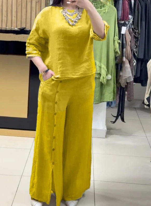 Women’s Two-Piece Set – Linen Relaxed Fit Top – Wide-Leg Pants with Button Detail