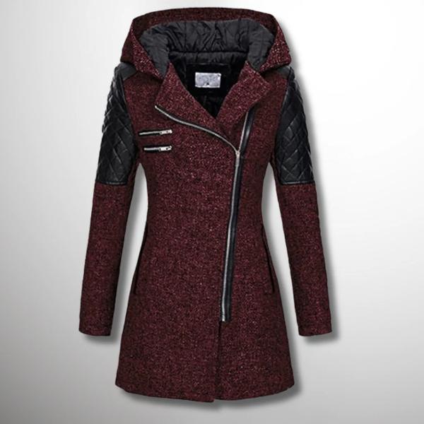 Women’s Jacket – Tailored Fit – Quilted Sleeves – Asymmetrical Zip – Hooded Mid-Length