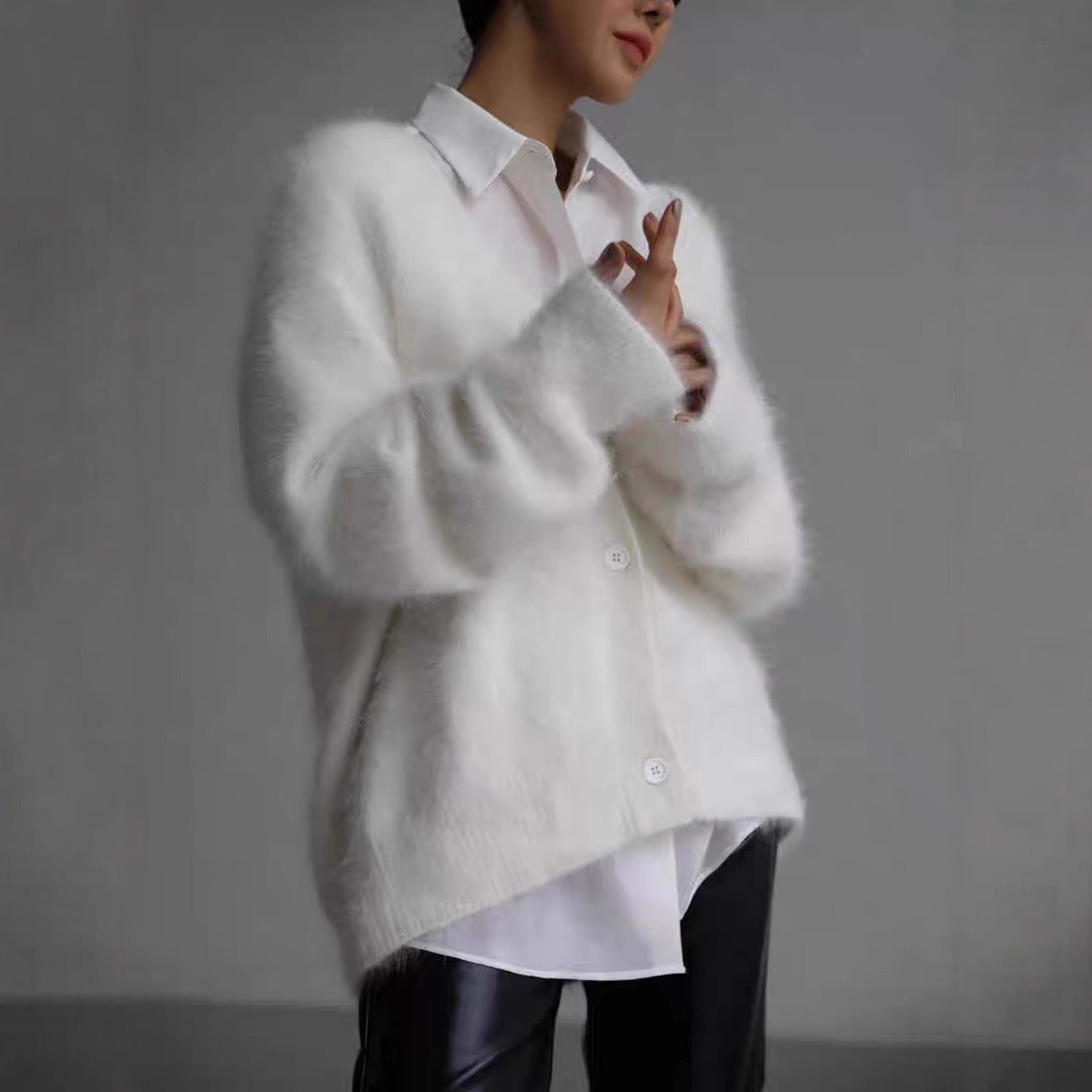 Women’s Cardigan - Fuzzy Knit - Oversized Fit - V-Neck - Button Front