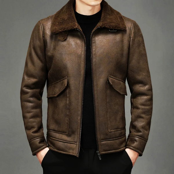 TrendAura Men's Leather Jacket With Shearling Collar Zip Front Vintage Style Regular Fit Classic
