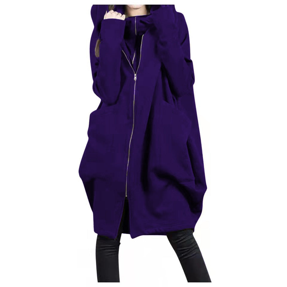 Women’s Mid-Length Coat – Oversized Fit – Wool Blend – Hooded – Zipper Front – Pockets