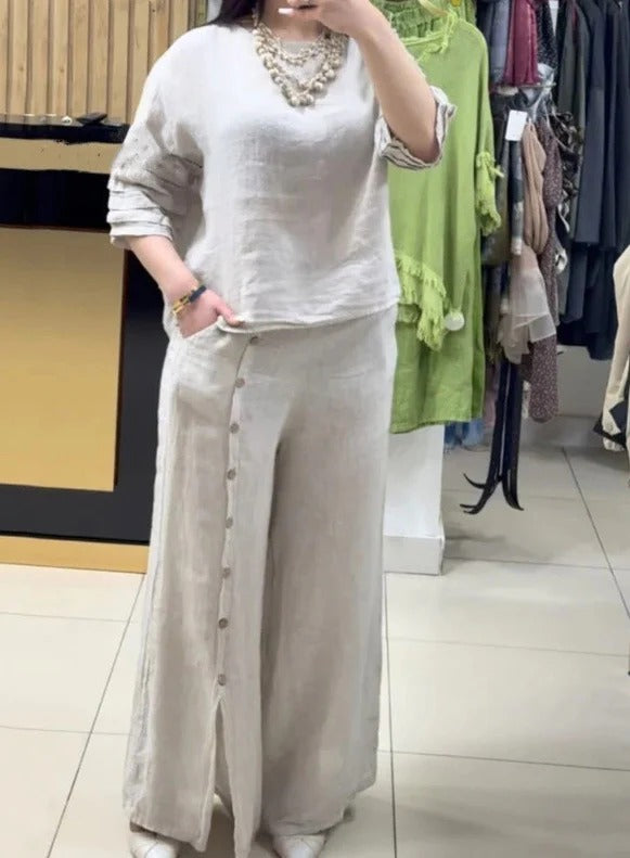 Women’s Two-Piece Set – Linen Relaxed Fit Top – Wide-Leg Pants with Button Detail