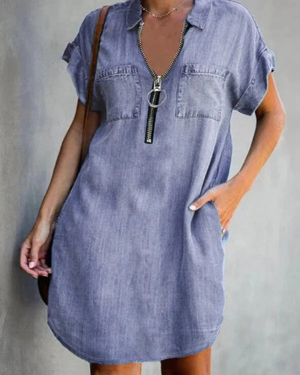 Women’s Denim Dress – Relaxed Fit – Short Sleeve – Zipper Front – Utility Pockets