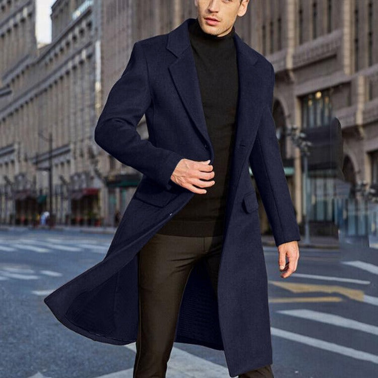 Mens Trench Coat Tailored Fit Wool Blend Long Cut With Wide Lapel And Hidden Buttons Nordisk Flair