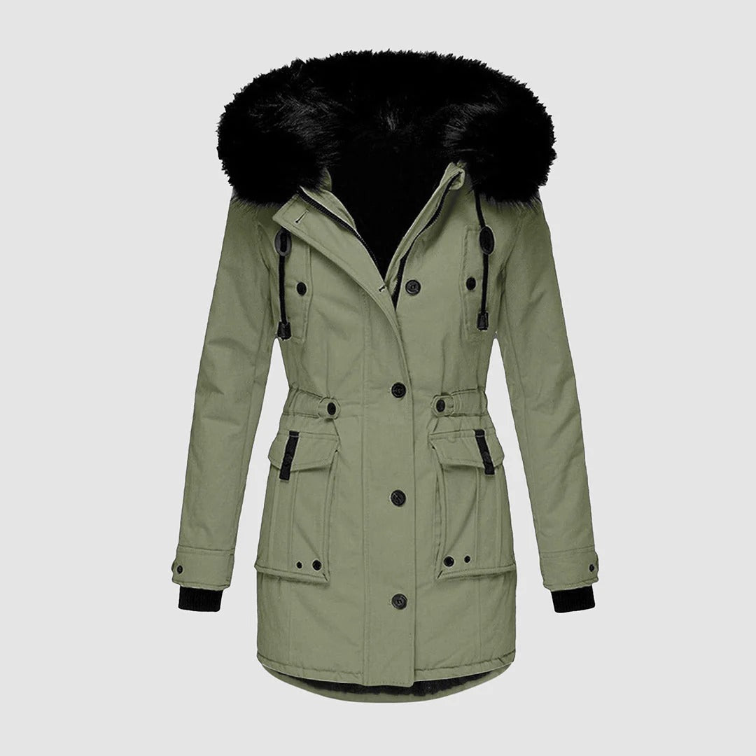 Women’s Long Coat – Tailored Fit – Faux Fur Hood – Waist Belt – Button Front Closure