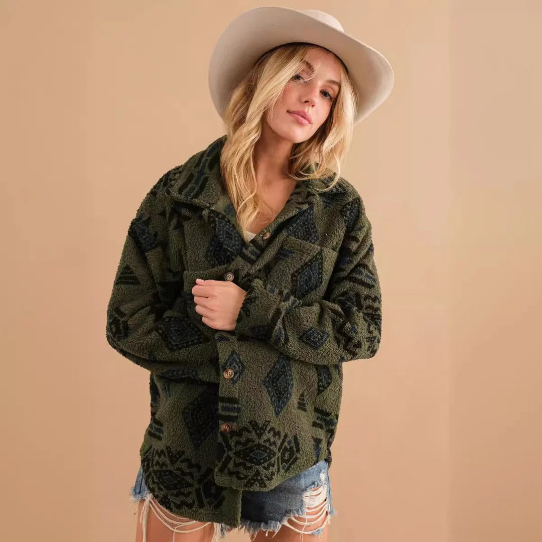 Rheya Sherpa Jacket for Boho Western Lovers, Plush Comfort, Relaxed Fit, Desert Sunset Style