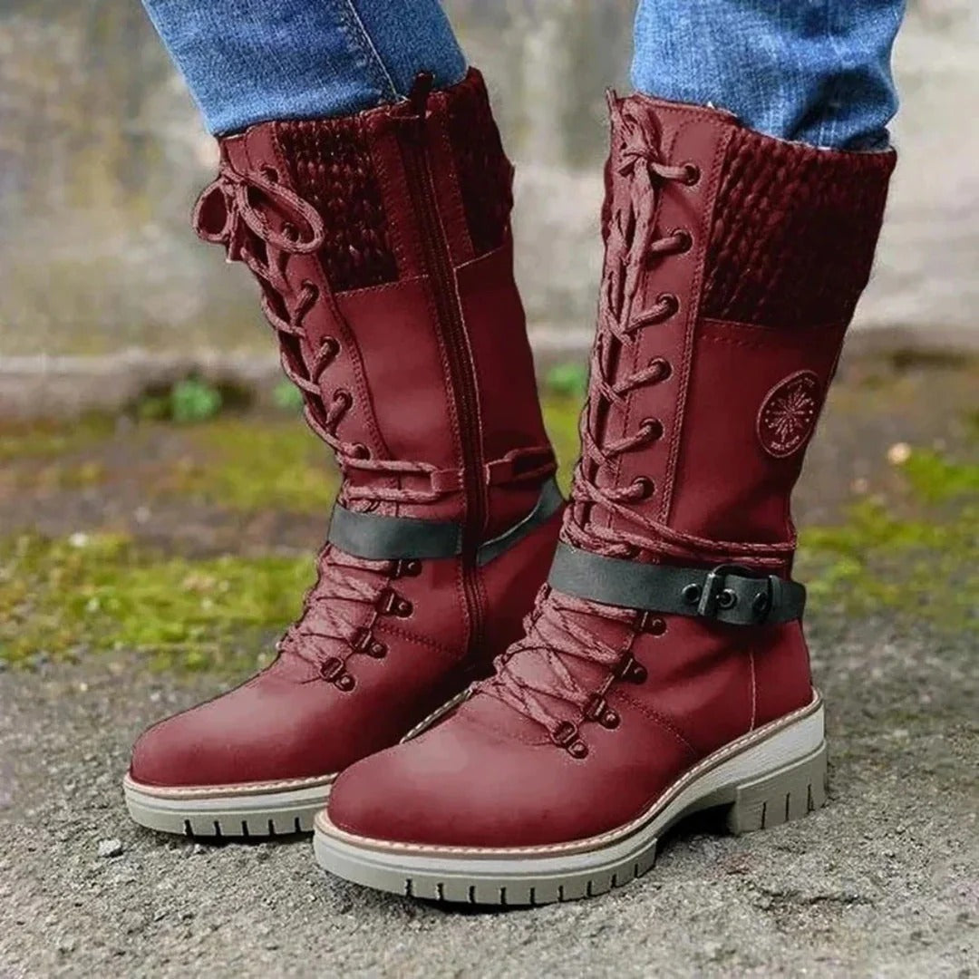Women's Knee-High Boots with Lace-Up Design and Sturdy Sole