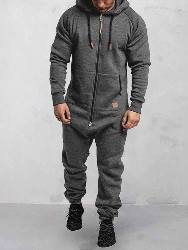 Men's Fleece Jumpsuit Hooded Lounge Wear Zipper Front Relaxed Fit Winter Jumpsuit By TrendAura