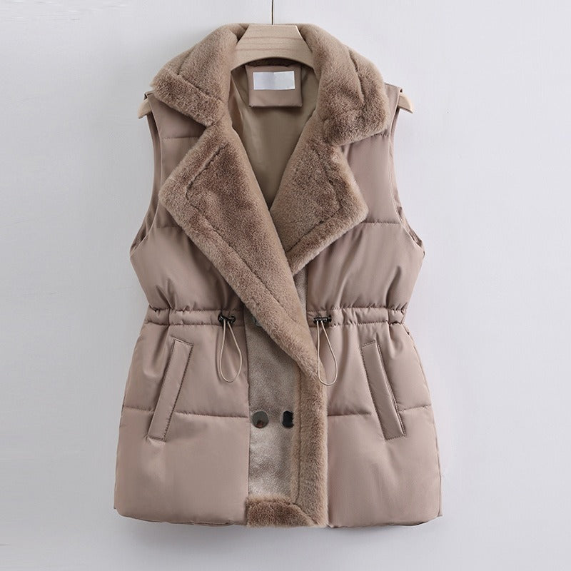 Women’s Vest - Quilted - Faux Fur Shawl Collar - Adjustable Drawstring Waist