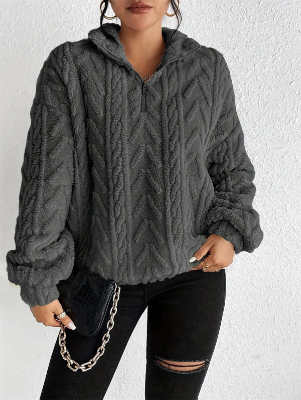 Women’s Pullover Top – Faux Shearling Fleece – Relaxed Fit – Half Zip Cable Knit