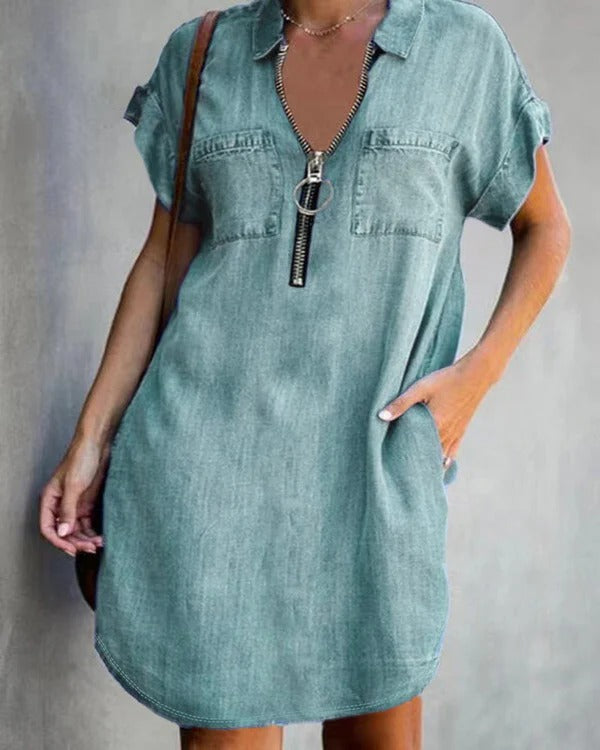 Women’s Denim Dress – Relaxed Fit – Short Sleeve – Zipper Front – Utility Pockets