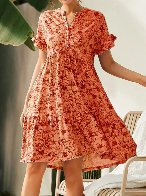 Women’s A-Line Dress – V-Neck – Floral Print – Tiered Skirt – Ruffled Sleeves – Cotton Blend