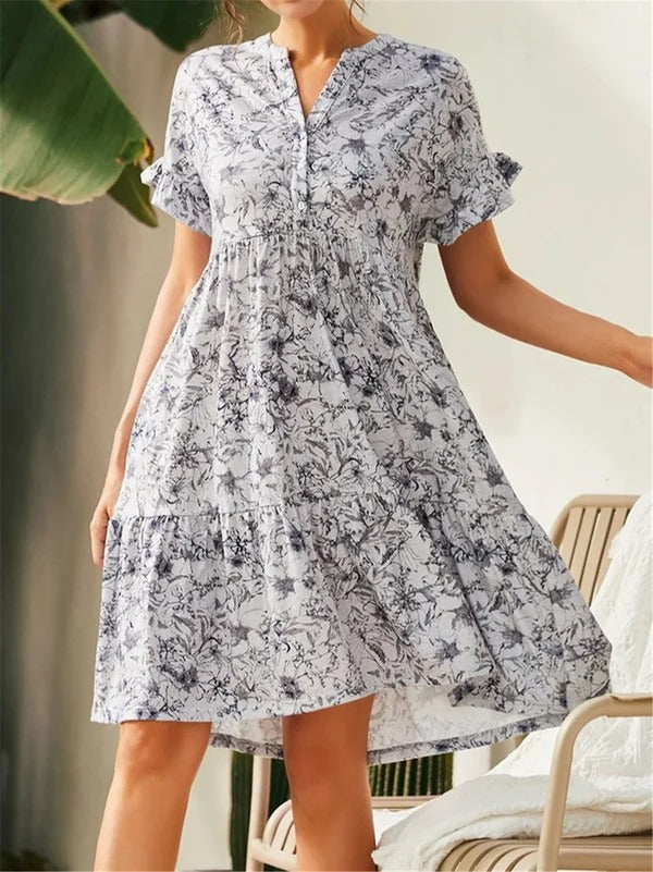 Women’s A-Line Dress – V-Neck – Floral Print – Tiered Skirt – Ruffled Sleeves – Cotton Blend