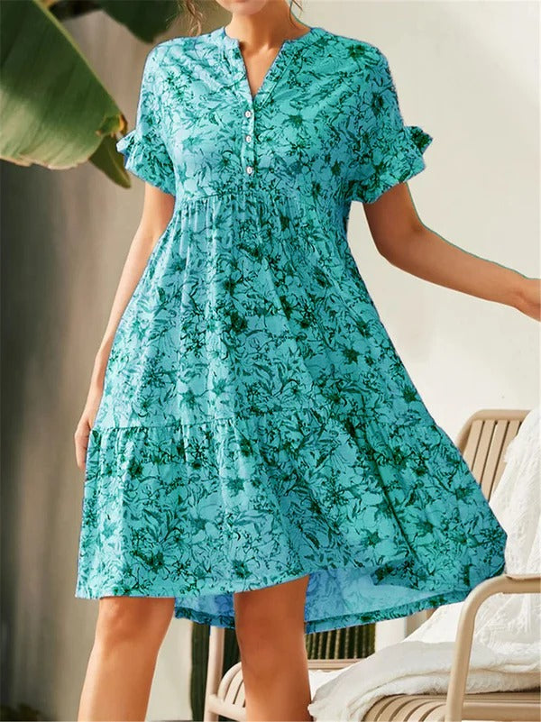 Women’s A-Line Dress – V-Neck – Floral Print – Tiered Skirt – Ruffled Sleeves – Cotton Blend