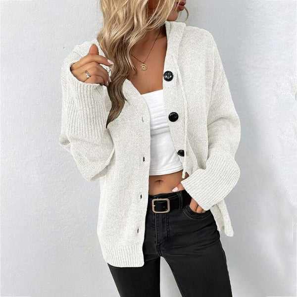 Women’s Knit Cardigan – Relaxed Fit – Wool Blend – Hooded – Button Front – Ribbed Trim