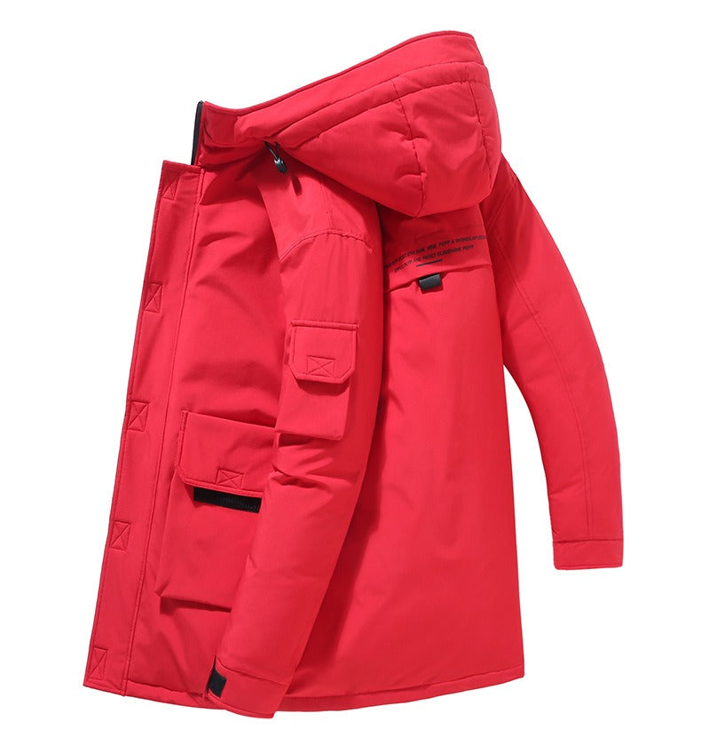 Mens Mid Length Hooded Jacket With Padded Silhouette Patch Pockets And Adjustable Cuffs
