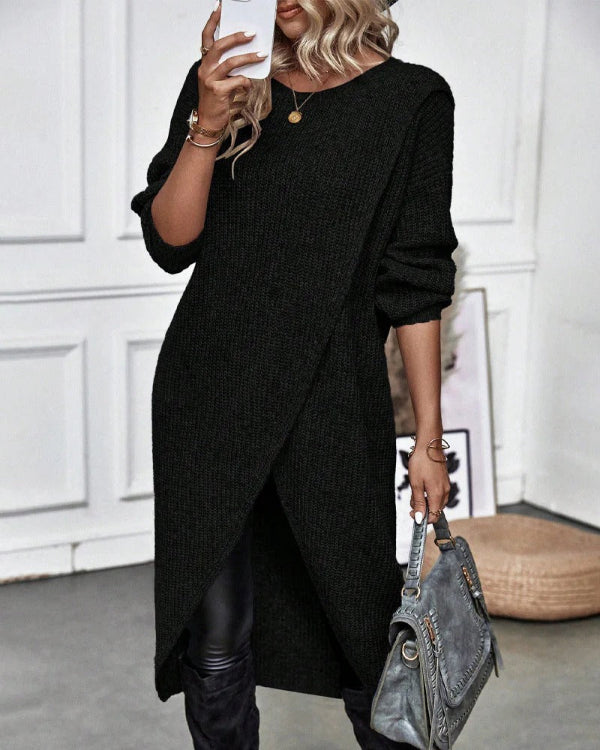 Women’s Long Pullover – Oversized Fit – Ribbed Wool Knit – Asymmetrical Wrap Design