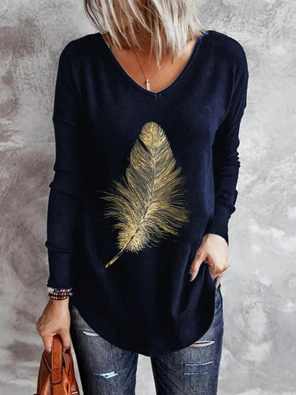 Women’s Pullover Sweater – Relaxed Fit – Soft Knit – V-Neck – Feather Accent – Full Sleeve