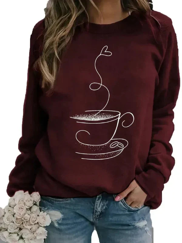 Women’s Sweatshirt – Relaxed Fit – Cotton Blend – Crew Neck – Coffee Cup Graphic Print