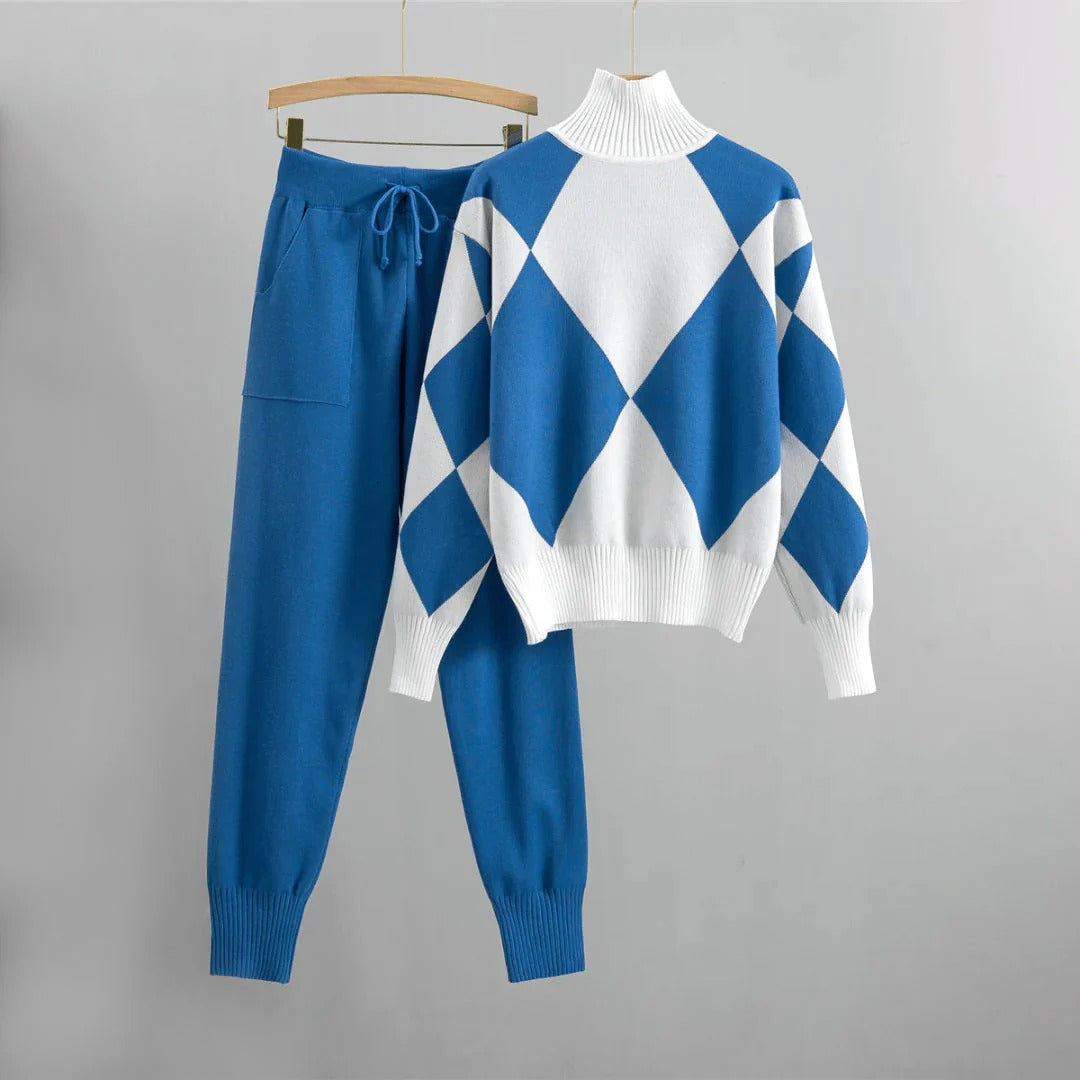 Women’s Knit Sweater and Pants Set – Relaxed Fit – Argyle Turtleneck – Drawstring Waist