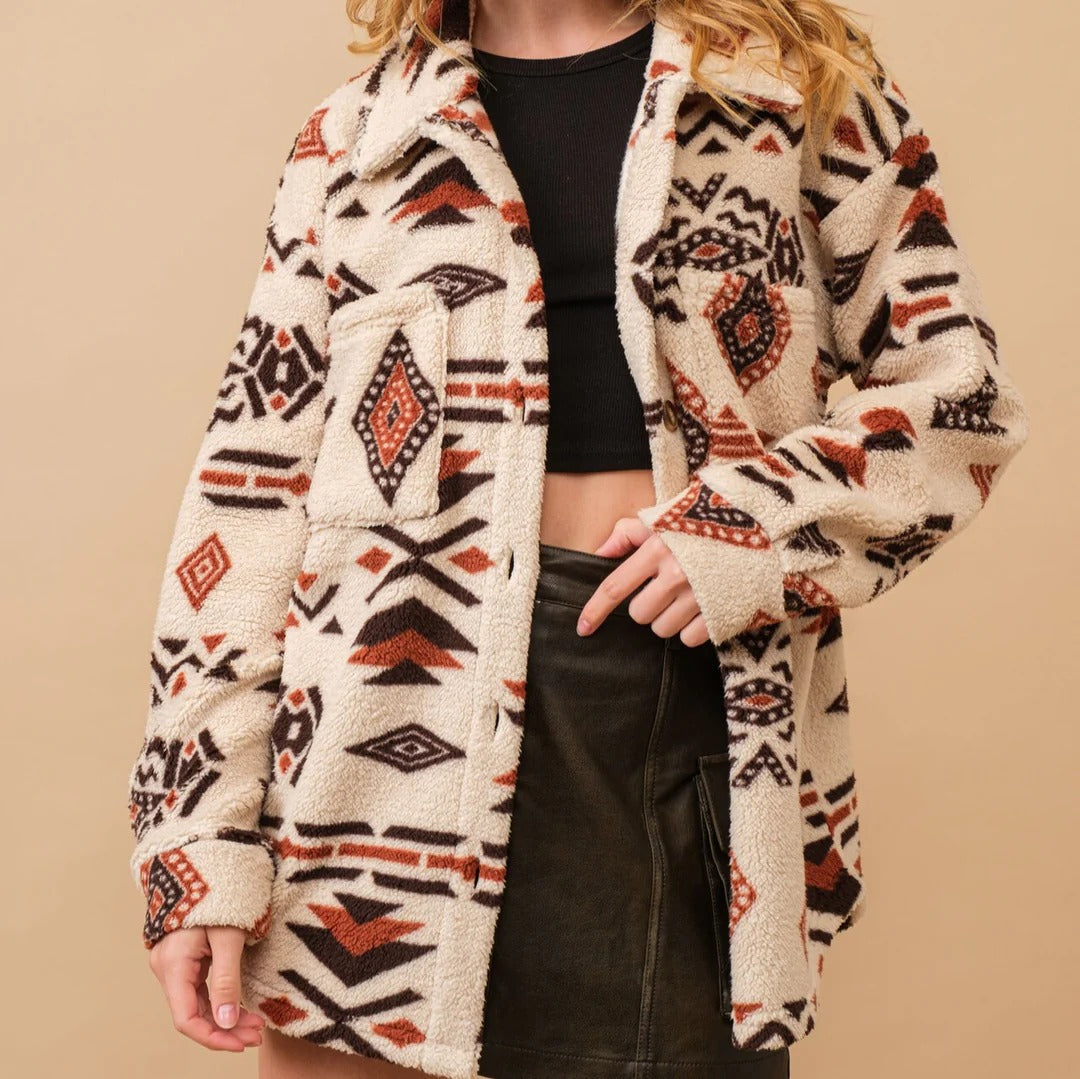Rheya Sherpa Jacket for Boho Western Lovers, Plush Comfort, Relaxed Fit, Desert Sunset Style