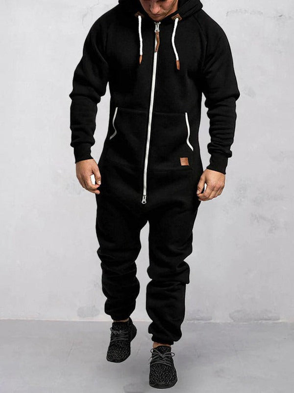 Men's Fleece Jumpsuit Hooded Lounge Wear Zipper Front Relaxed Fit Winter Jumpsuit By TrendAura