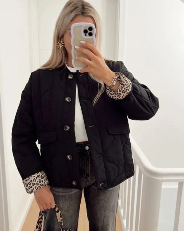 Women’s Quilted Jacket – Relaxed Fit – Leopard Cuff Detail – Button Front – Flap Pockets