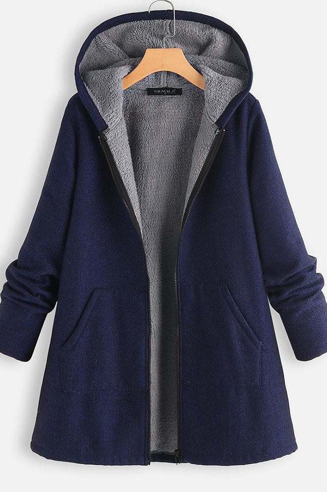 Women’s Hooded Coat – Fleece Lined – Oversized Fit – Zipper Front – Mid-Thigh Length