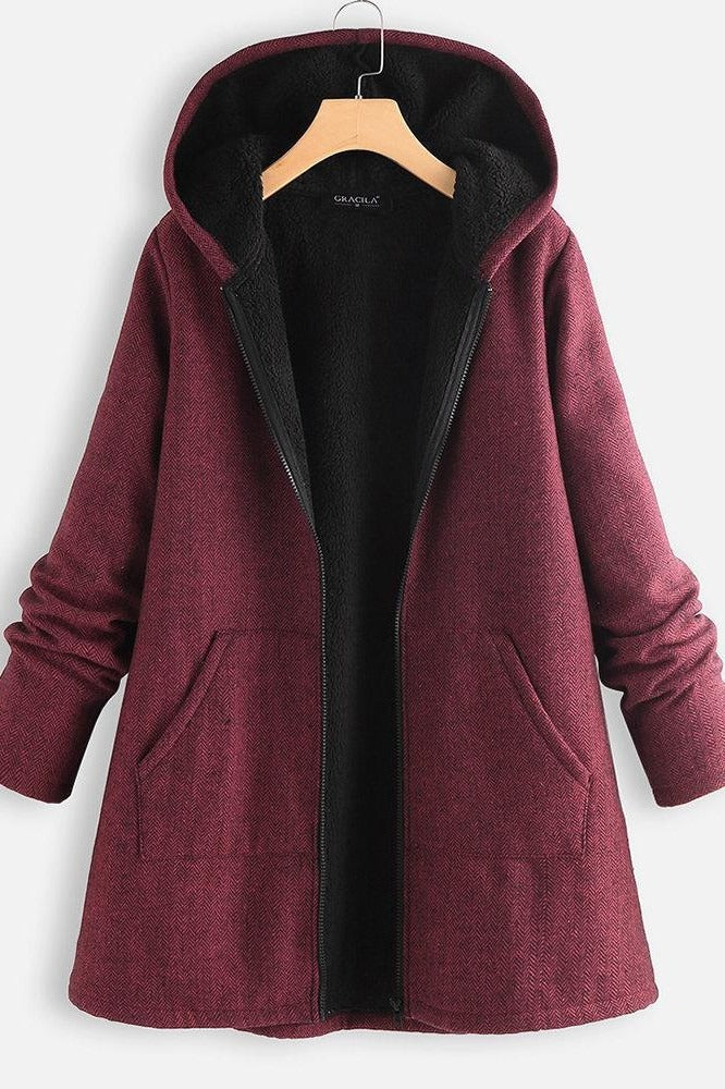 Women’s Hooded Coat – Fleece Lined – Oversized Fit – Zipper Front – Mid-Thigh Length