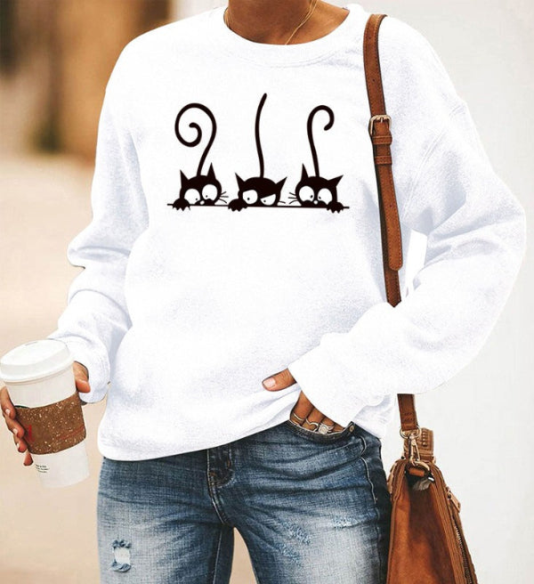 Women’s Sweatshirt – Oversized Fit – Cotton Blend – Crewneck – Cat Print Casual Wear