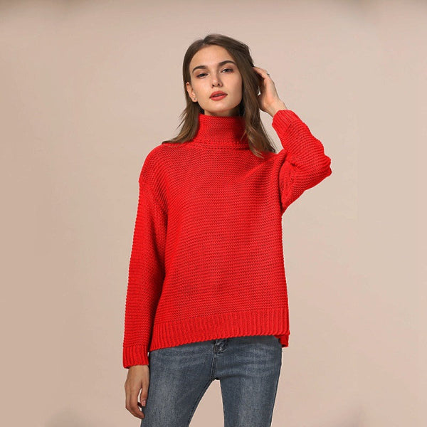 Women’s Knitted Sweater – Relaxed Fit – Chunky Wool Blend – Turtleneck – Ribbed Hem