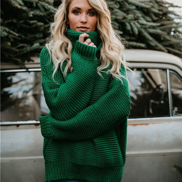 Women’s Knitted Sweater – Relaxed Fit – Chunky Wool Blend – Turtleneck – Ribbed Hem
