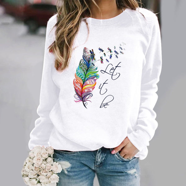 Women’s Sweatshirt – Relaxed Fit – Cotton Blend – Feather Print – Crew Neck Long Sleeve