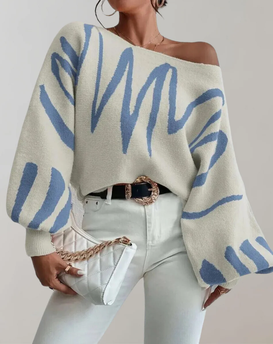 Women’s Off-Shoulder Top – Knitted – Relaxed Fit – Lantern Sleeve – Cropped Casual Style