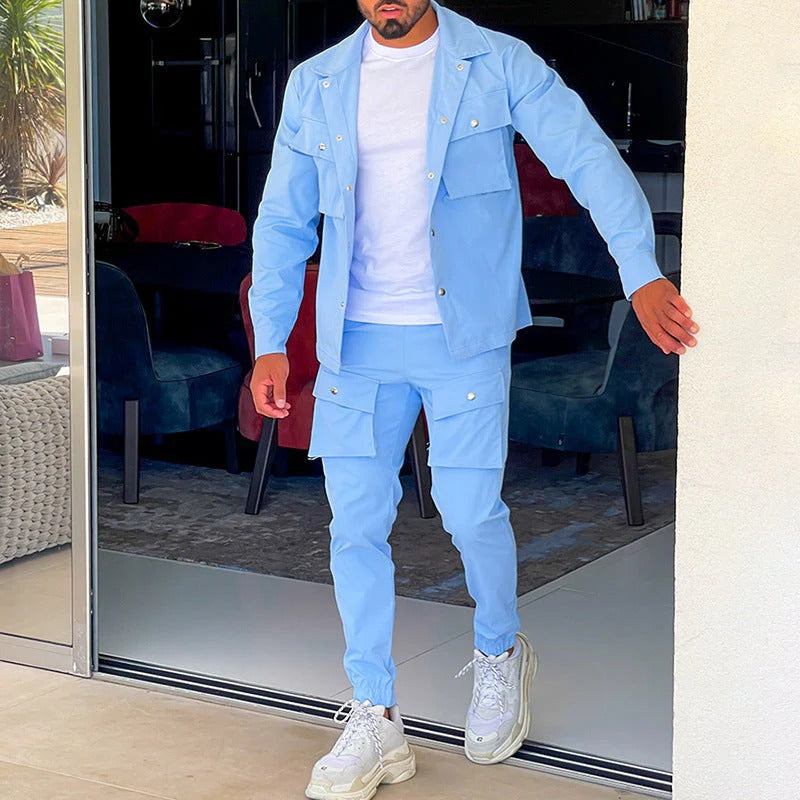Men's Two Piece Cotton Blend Set With Relaxed Fit Jacket And Slim Tapered Joggers